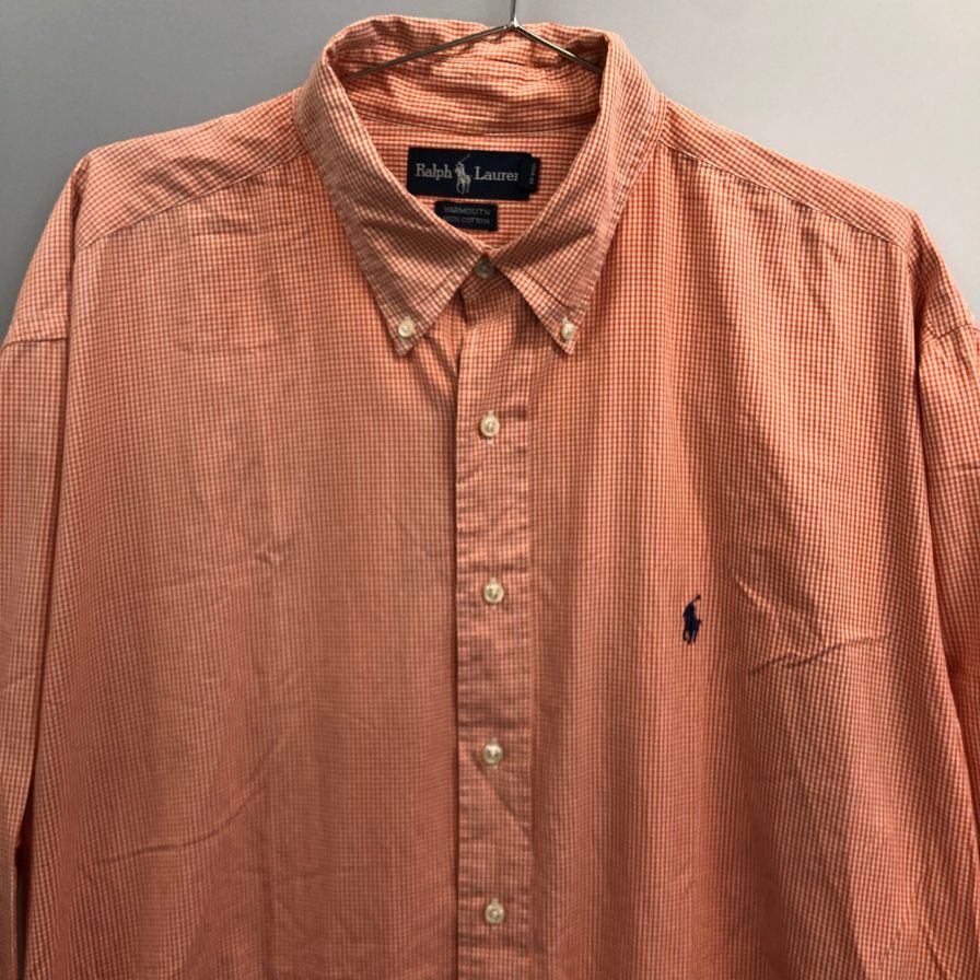 極美品◆ラルフローレン ボタンダウンシャツ 90S オールド チェック オレンジ系 メンズ サイズ18 Ralph Lauren 【AFB5】