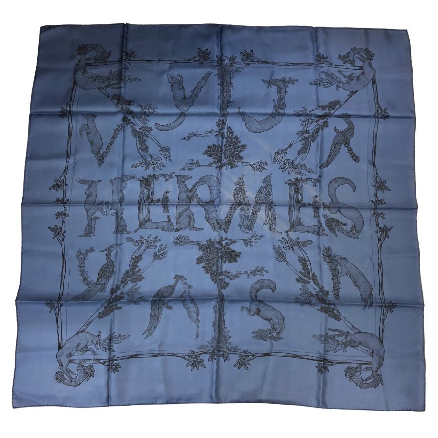 エルメス カレ90 アニマルロゴ ANIMAL ALPHABET シルク ブルー レディース HERMES【AFI18-3】