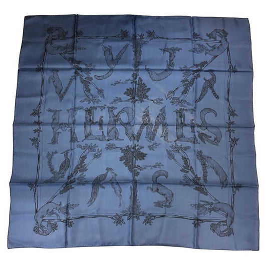 エルメス カレ90 アニマルロゴ ANIMAL ALPHABET シルク ブルー レディース HERMES【AFI18-3】