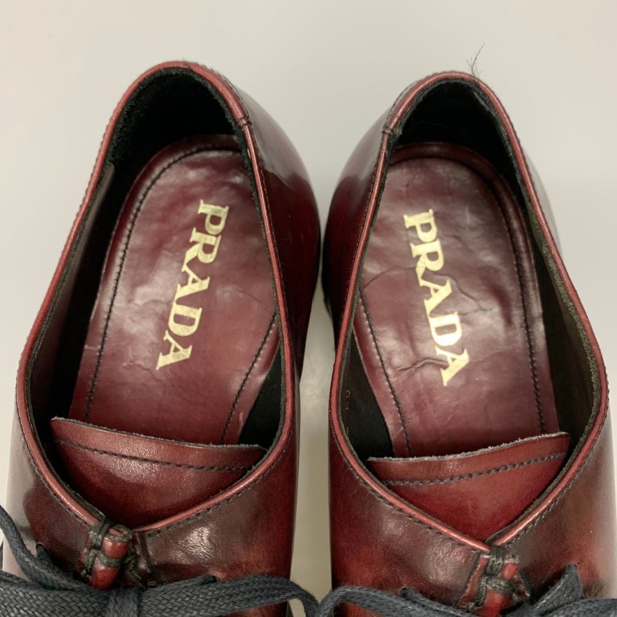 プラダ レザーシューズ Vチップ チロリアンシューズ メンズ バーガンディ サイズ8 PRADA 約26.5cm【AFD9-2】