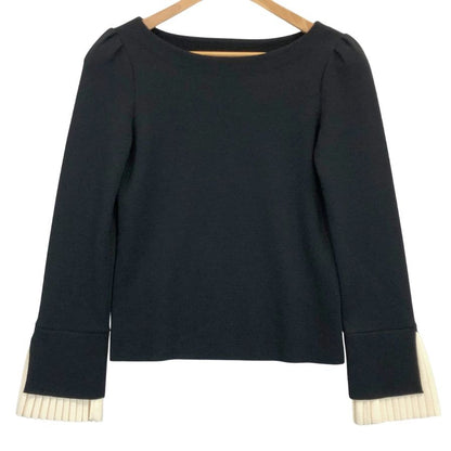 美品◆フォクシー ニット トップス 袖プリーツ ウール100% 37124 レディース サイス38 ブラック×ホワイト FOXEY 【AFB4】
