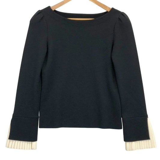 美品◆フォクシー ニット トップス 袖プリーツ ウール100% 37124 レディース サイス38 ブラック×ホワイト FOXEY 【AFB4】