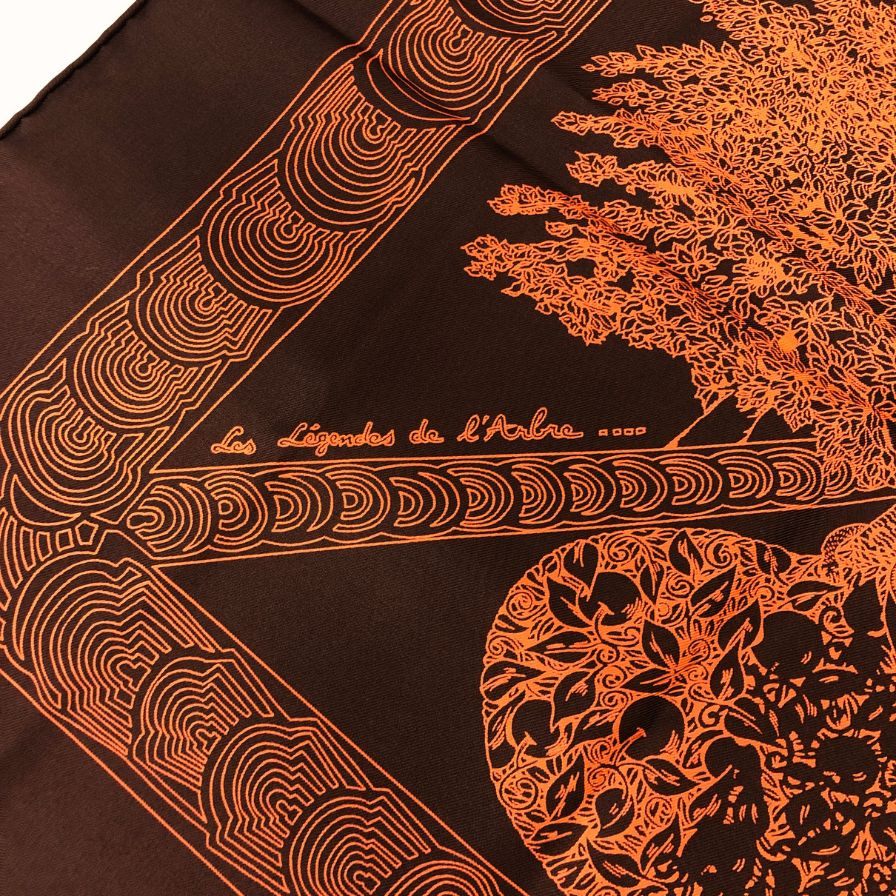 エルメス カレ90 Les Legendes de L'Arbre 木の伝説 シルク ブラウン×オレンジ HERMES【AFI18-3】