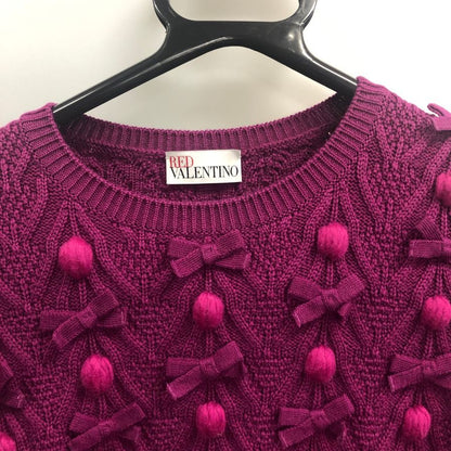 美品◆レッドバレンティノ 編みリボン×ボールラウンドネックニットセーター レディース パープル系 サイズXS RED VALENTINO 【AFA18】