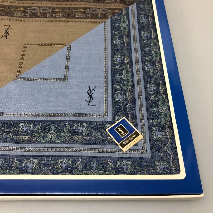 イヴ サンローラン ハンカチ2枚セット総柄 日本製 コットン100% ブラウン＆ブルー Yves Saint Laurent【AFI21】【中古】