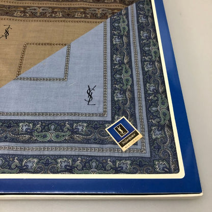 イヴ サンローラン ハンカチ2枚セット総柄 日本製 コットン100% ブラウン＆ブルー Yves Saint Laurent【AFI21】【中古】