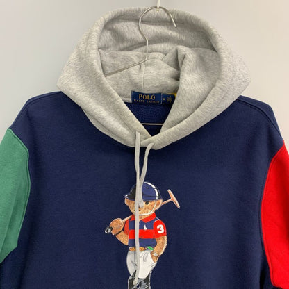 中古◆ポロ ラルフローレン 国内正規 ポロベア プルオーバー パーカー トリコカラー メンズ サイズM ネイビー  Polo Ralph Lauren 【AFB43】