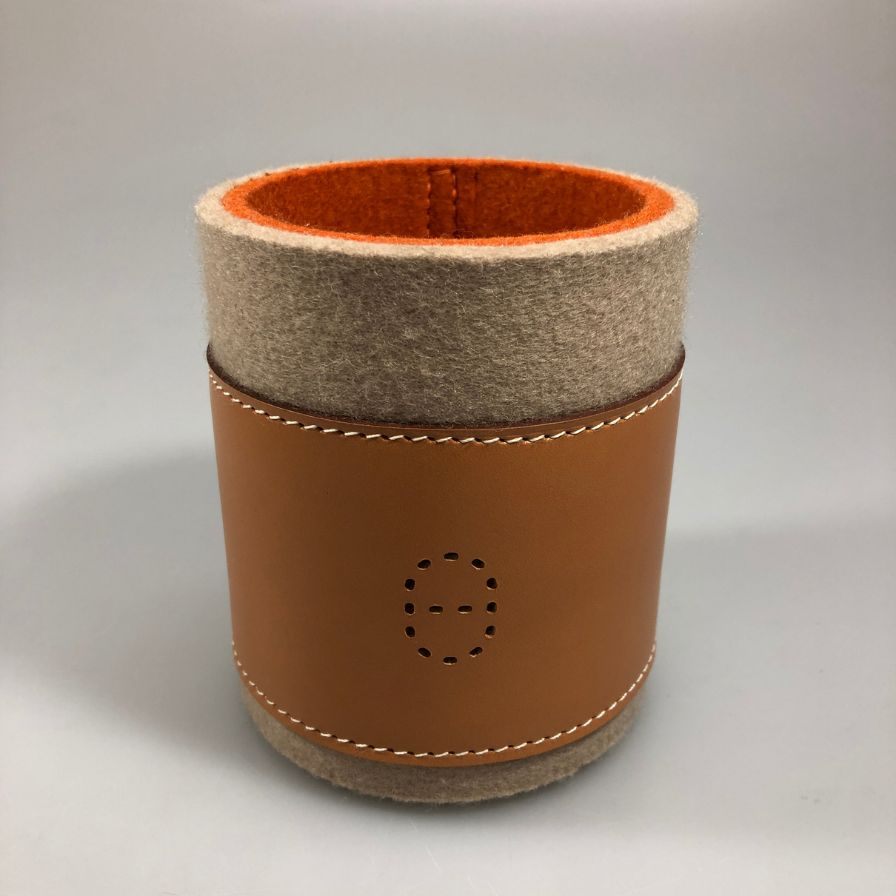 エルメス ペン立て フォリオ フェルト レザー 刻印 小物入れ ベージュ オレンジ HERMES【AFI20】【中古】