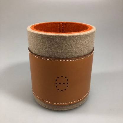 エルメス ペン立て フォリオ フェルト レザー 刻印 小物入れ ベージュ オレンジ HERMES【AFI20】【中古】
