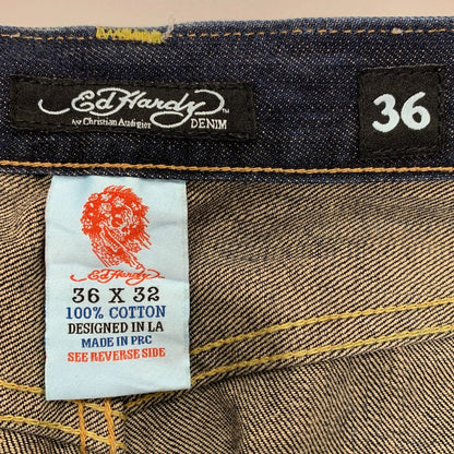 エドハーディー デニムパンツ ドクロ 蛇 刺繍 ペイント 装飾 ボタンフライ ウォッシュ USED加工 2009 インディゴ メンズ サイズ36 Ed Hardy 【AFB27】