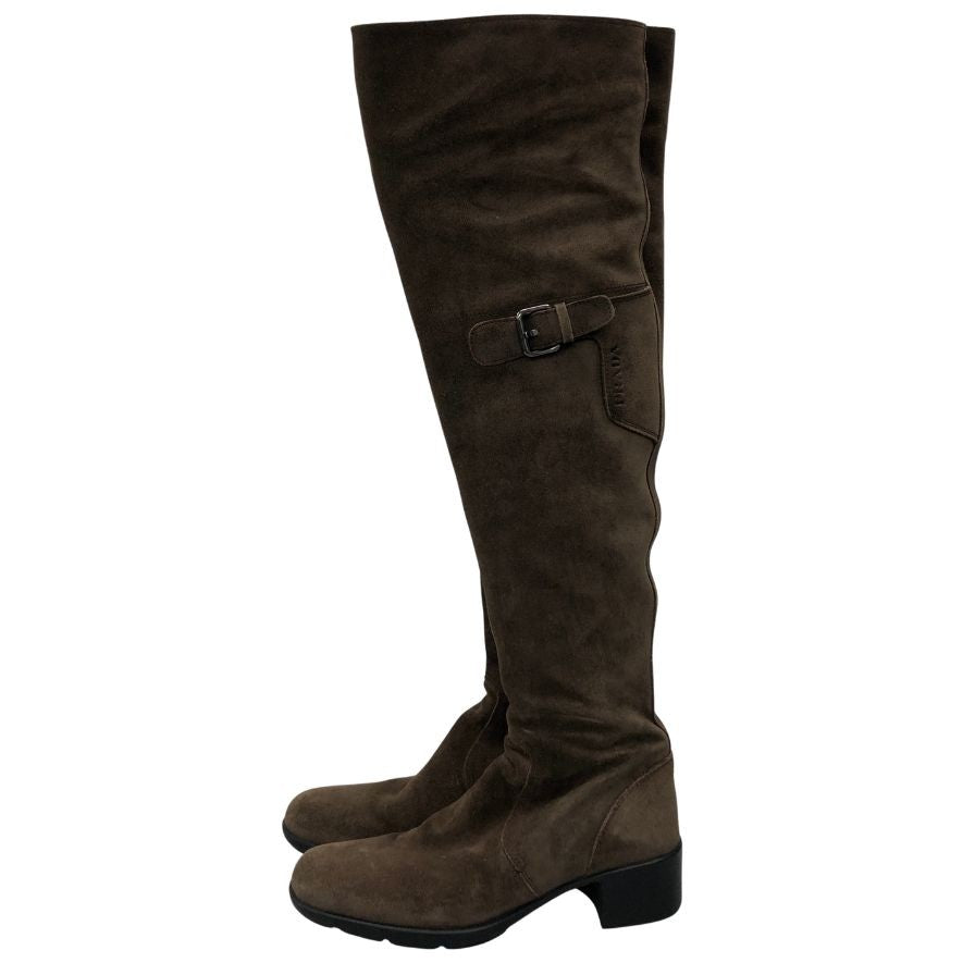 プラダ ニーハイ ブーツ スエード インサイドジップ サイドベルト ゴムソール レディース サイズ35 ブラウン PRADA 約22.0cm【AFI30】