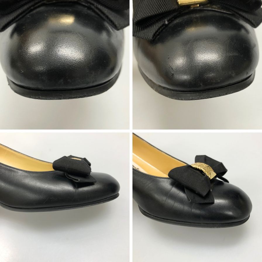 銀座かねまつ パンプス ヒール レザー リボン デザイン ブラック ゴールド レディース サイズ23 Ginza Kanematsu 約23.0cm【AFC45】