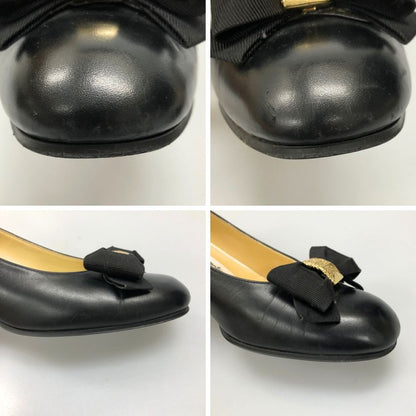 銀座かねまつ パンプス ヒール レザー リボン デザイン ブラック ゴールド レディース サイズ23 Ginza Kanematsu 約23.0cm【AFC45】