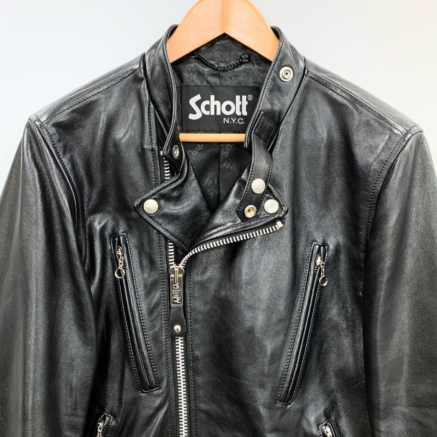 極美品◆ショット ライダースジャケット 3101048 ダブルブレスト シープスキン メンズ ブラック サイズM Schott 【AFG1】