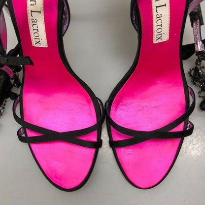 クリスチャン ラクロワ パンプス ビーズストラップ レザー ヒール ブラック ピンク レディース サイズ38 Christian Lacroix 約24.5cm【AFD1】