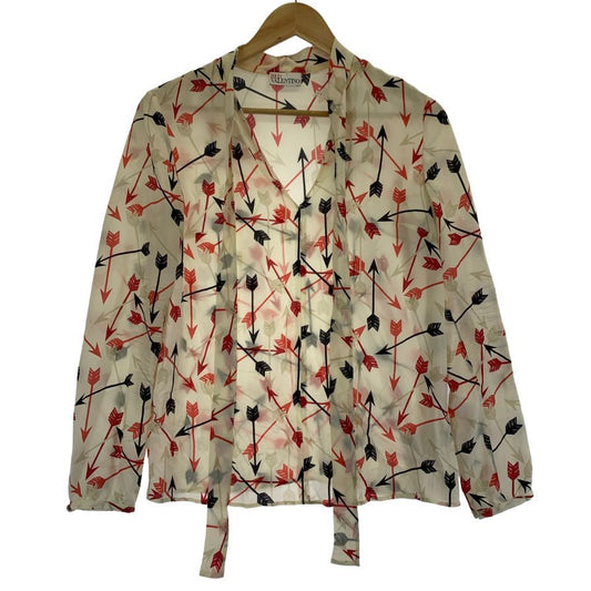 美品◆レッド ヴァレンティノ ブラウス ボウタイ 総柄 長袖 シルク カットソー ベージュ系 レディース サイズ40 RED VALENTINO 【AFB16】