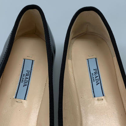 プラダ エナメル パテントレザー フラットシューズ ロゴ＆リボンあしらい レディース サイズ36 ブラック PRADA 約22.5cm【AFC47】
