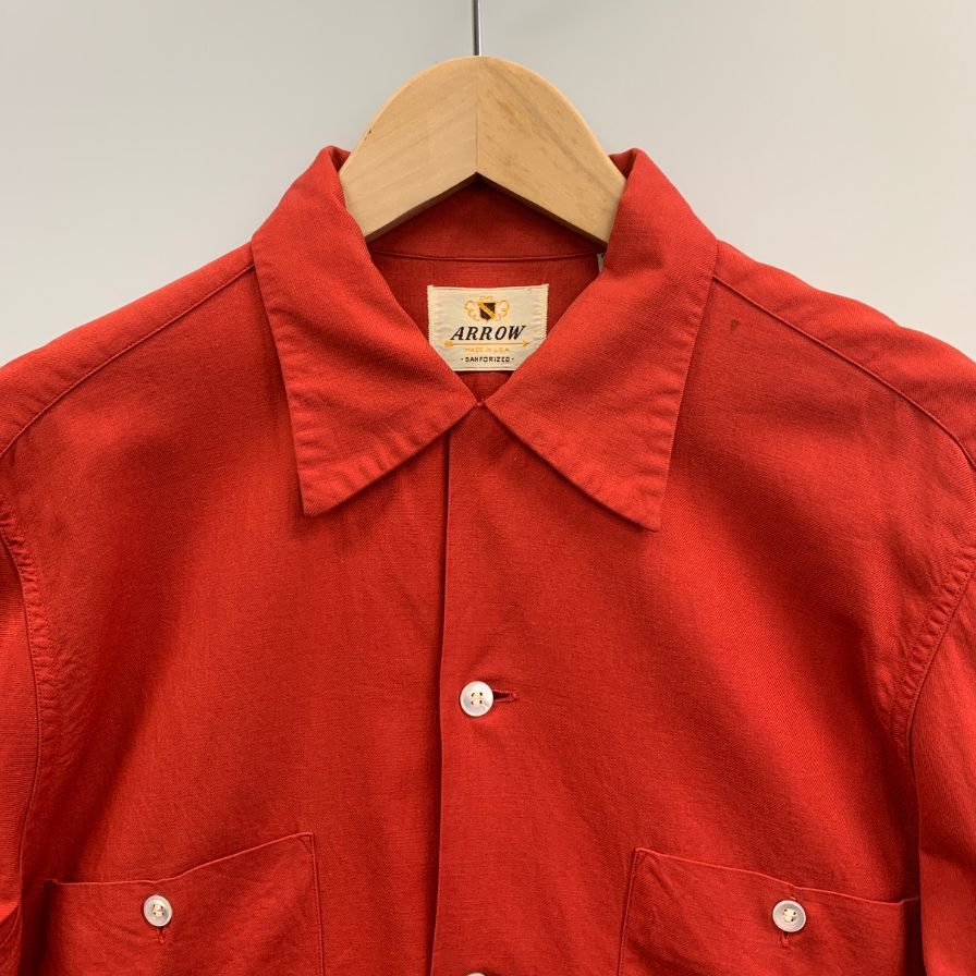 美品◆アロー 50S 長袖開襟シャツ ヴィンテージ 盾タグ SANFORIZED レッド レーヨン混 メンズ サイズ15 ARROW 【AFB41】