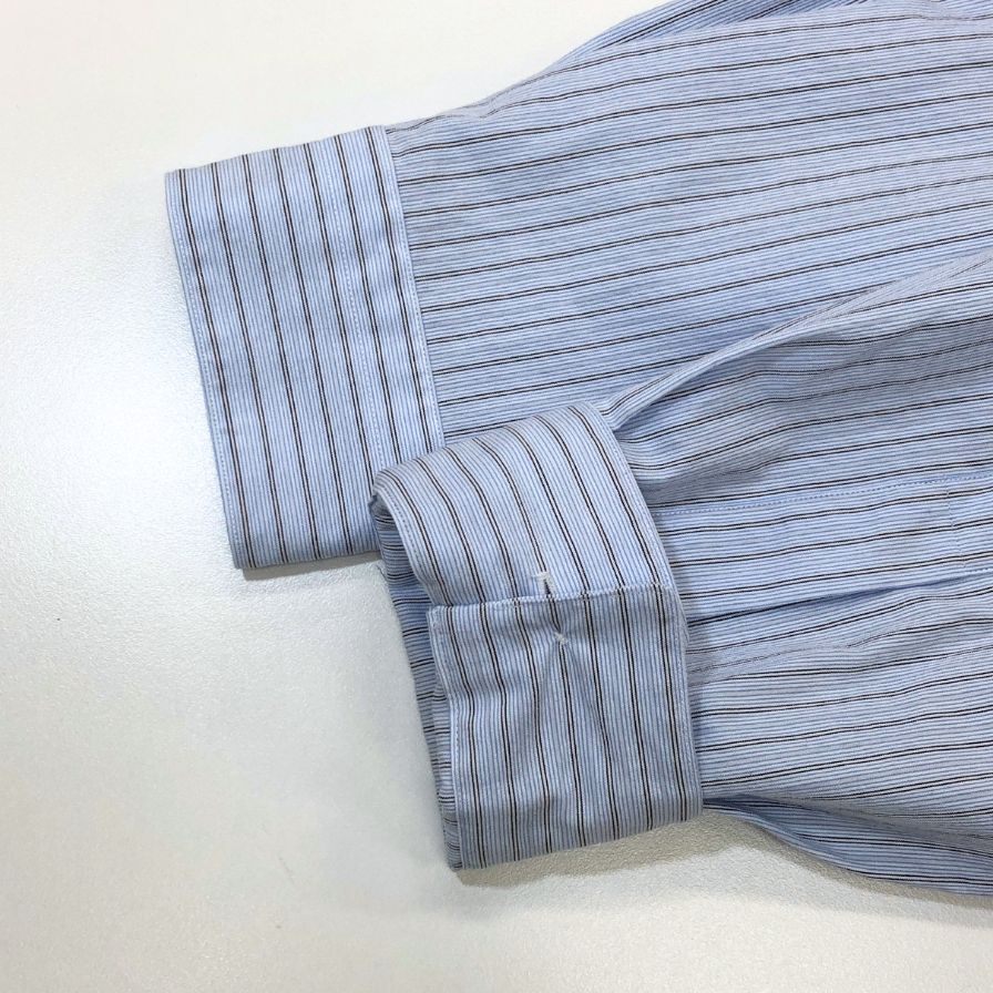 新品同様◆ジョンスメドレー シャツ ノーカラー バンドカラー 長袖 ストライプ メンズ ブルー系 サイズM JOHN SMEDLEY 【AFB36】