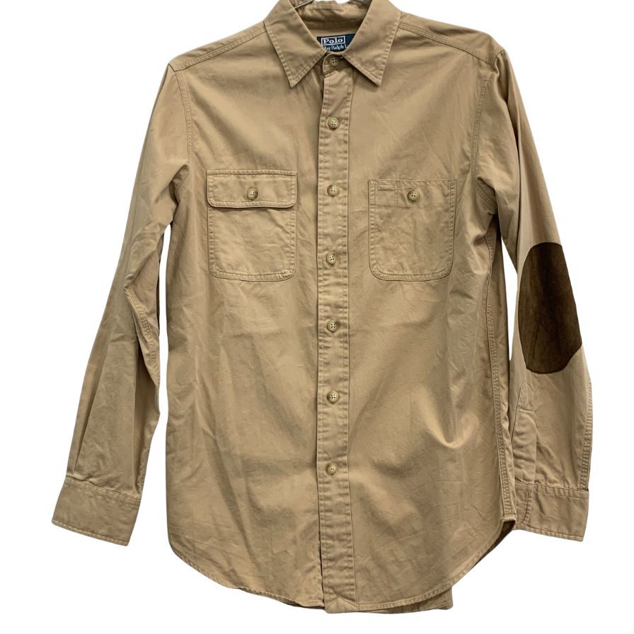 中古◆ポロ ラルフローレン ボタンダウンシャツ エルボーパッチ ベージュ系 メンズ サイズS Polo Ralph Lauren 【AFB28】