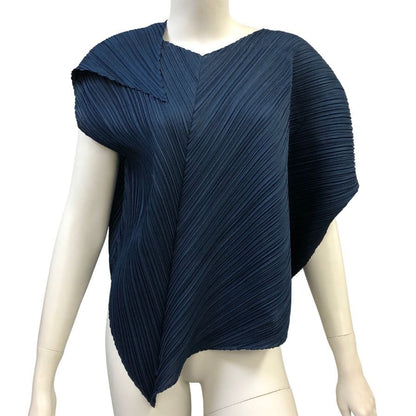 美品◆プリーツプリーズ トップス  フレア PP51JK461 ポリエステル  ネイビー  PLEATS PLEASE 【AFB29】