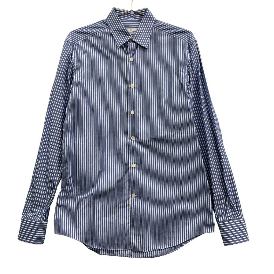 美品◆サルヴァトーレ フェラガモ シャツ ストライプ コットン ブルー メンズ サイズ39-R Salvatore Ferragamo 【AFB11】