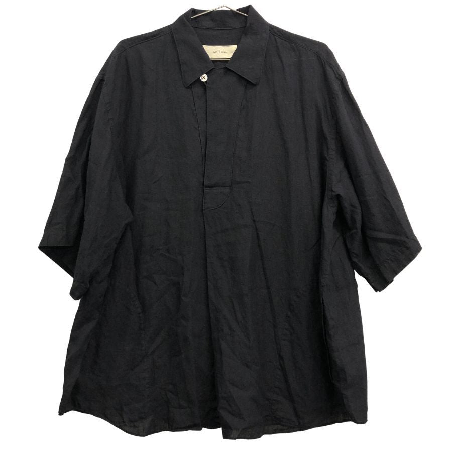 美品◆アントス スキッパー シャツ プルオーバー 半袖 リネン100% MADE IN JAPAN メンズ サイズ2 ブラック ANTOS. TOKYO 【AFB46】