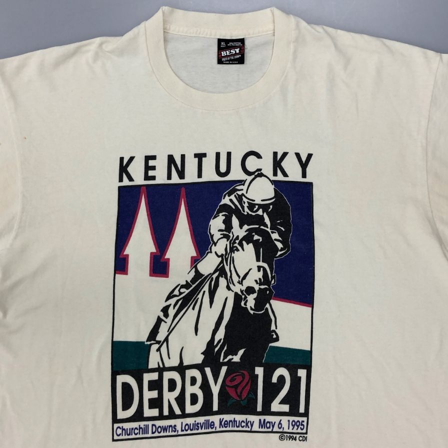 中古◆フルーツオブザルーム Tシャツ 90年S ケンタッキーダービー 1995 USA製 ホワイト メンズ サイズ XL  FRUIT OF THE LOOM 【AFB8】