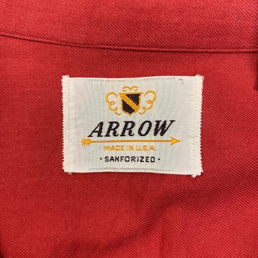 美品◆アロー 50S 長袖開襟シャツ ヴィンテージ 盾タグ SANFORIZED レッド レーヨン混 メンズ サイズ15 ARROW 【AFB41】