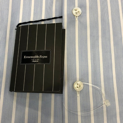 新品同様◆エルメネジルドゼニア 長袖ドレスシャツ ストライプ ブルー サイズ39/15.5 Ermenegildo Zegna 【AFB40】