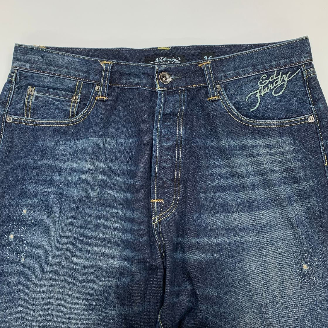 エドハーディー デニムパンツ ドクロ 蛇 刺繍 ペイント 装飾 ボタンフライ ウォッシュ USED加工 2009 インディゴ メンズ サイズ36 Ed Hardy 【AFB27】