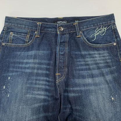 エドハーディー デニムパンツ ドクロ 蛇 刺繍 ペイント 装飾 ボタンフライ ウォッシュ USED加工 2009 インディゴ メンズ サイズ36 Ed Hardy 【AFB27】