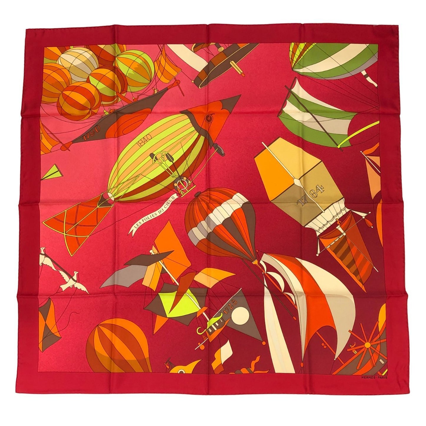 エルメス カレ90 LES FOLIES DU CIEL 大空の狂気 レッド シルク レディース HERMES【AFB53】