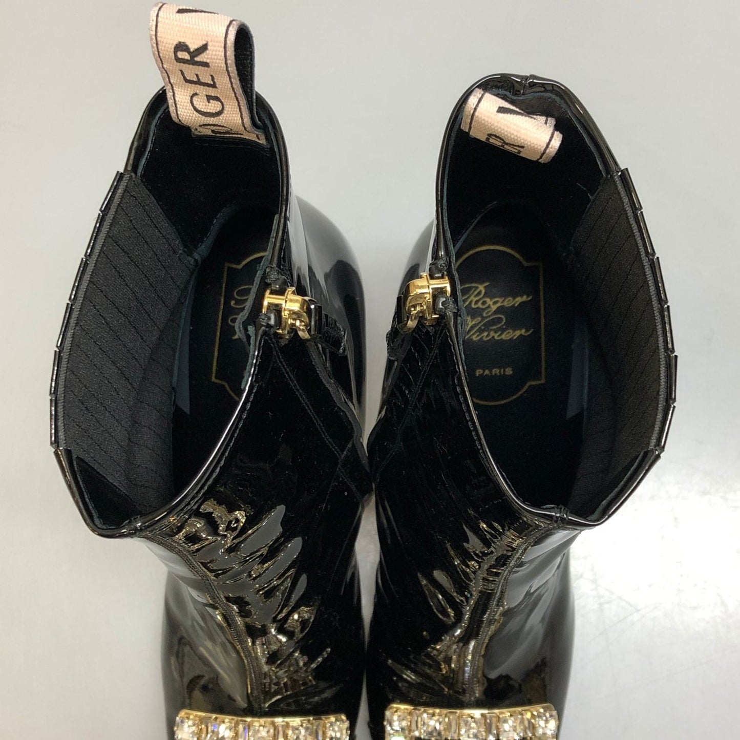 ロジェヴィヴィエ ショートブーツ パテントレザー スクエアバックル ビジュー ブラック レディース サイズ38 ROGERVIVER 約25.0cm【AFC29】