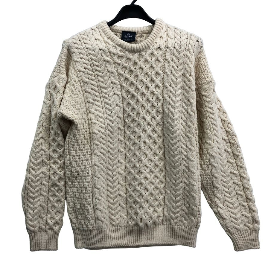 美品◆アラン ウーレンミルズ ニットセーター クルーネック ウール アイルランド製 メンズ サイズS ホワイト系 aran WOOLLEN MILLS 【AFB26】