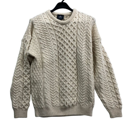 美品◆アラン ウーレンミルズ ニットセーター クルーネック ウール アイルランド製 メンズ サイズS ホワイト系 aran WOOLLEN MILLS 【AFB26】