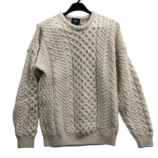 美品◆アラン ウーレンミルズ ニットセーター クルーネック ウール アイルランド製 メンズ サイズS ホワイト系 aran WOOLLEN MILLS 【AFB26】