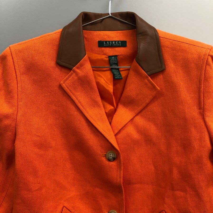 美品◆ローレン ラルフローレン ショートジャケット レザー襟 ゴールド金具 レディース  サイズ10 オレンジ LAUREN RALPH LAUREN 【AFB11】