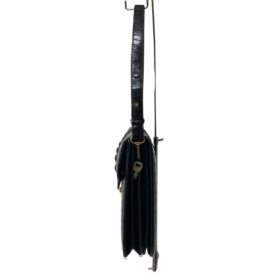 ノーブランド クロコ型押し ハンドバッグ ゴールド金具 ブラック【AFE5】