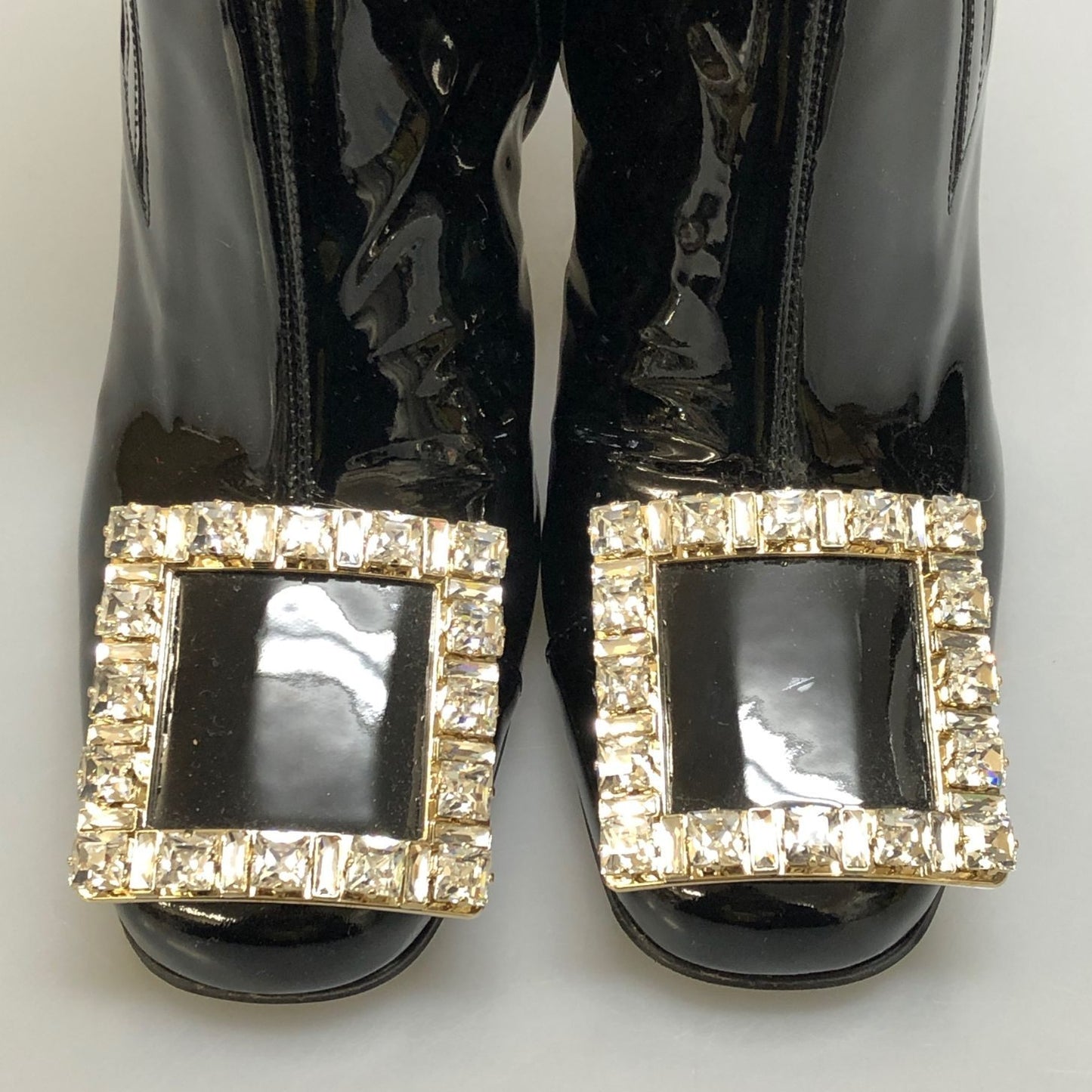 ロジェヴィヴィエ ショートブーツ パテントレザー スクエアバックル ビジュー ブラック レディース サイズ38 ROGERVIVER 約25.0cm【AFC29】