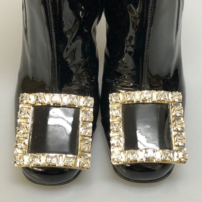 ロジェヴィヴィエ ショートブーツ パテントレザー スクエアバックル ビジュー ブラック レディース サイズ38 ROGERVIVER 約25.0cm【AFC29】