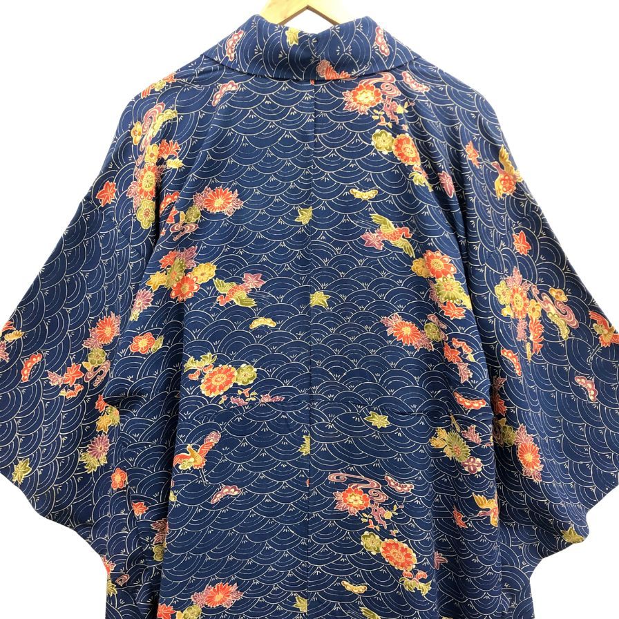 浴衣 青海波文様 花柄 紺青 レディース ノーブランド【AFB15】【中古】