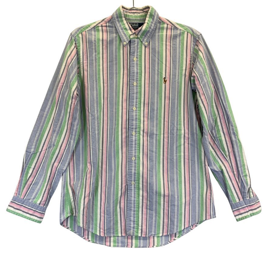 中古◆ポロ ラルフローレン ボタンダウンシャツ 90S ストライプ ブルー メンズ サイズM Polo Ralph Lauren 【AFB4】