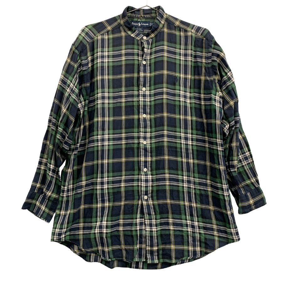 美品◆ラルフローレン バンドカラーシャツ 90S オールド タータンチェック ネイビー系 メンズ サイズM Ralph Lauren 【AFB4】