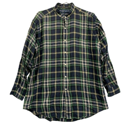 美品◆ラルフローレン バンドカラーシャツ 90S オールド タータンチェック ネイビー系 メンズ サイズM Ralph Lauren 【AFB4】