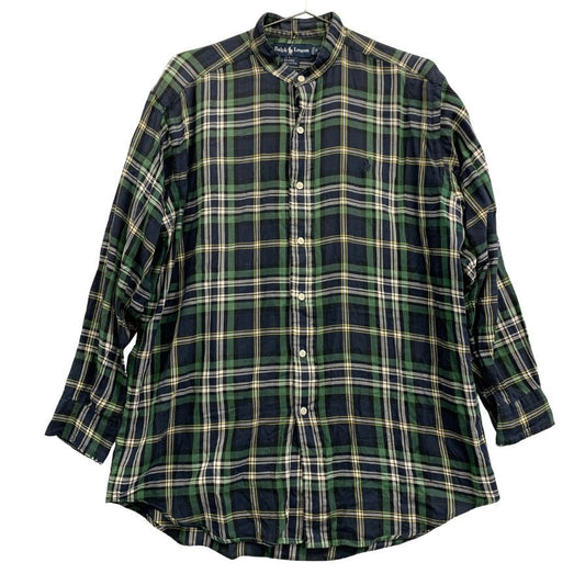 美品◆ラルフローレン バンドカラーシャツ 90S オールド タータンチェック ネイビー系 メンズ サイズM Ralph Lauren 【AFB4】