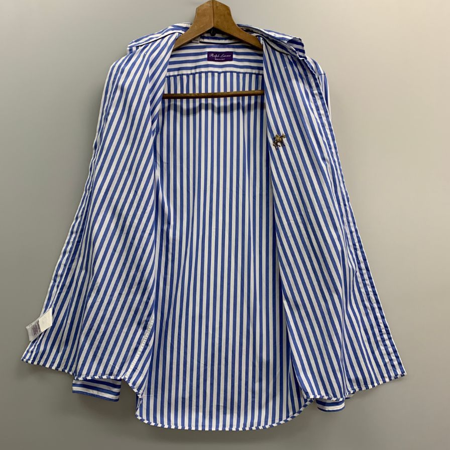 美品◆ラルフローレン シャツ パープルレーベル ロゴ刺繍 ストライプ コットン ブルー系 メンズ サイズ165/88A RALPH LAUREN 【AFB11】