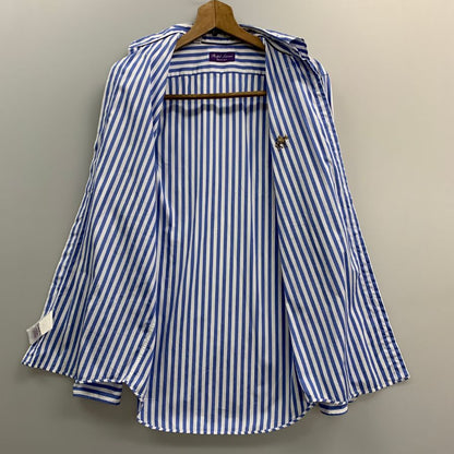 美品◆ラルフローレン シャツ パープルレーベル ロゴ刺繍 ストライプ コットン ブルー系 メンズ サイズ165/88A RALPH LAUREN 【AFB11】