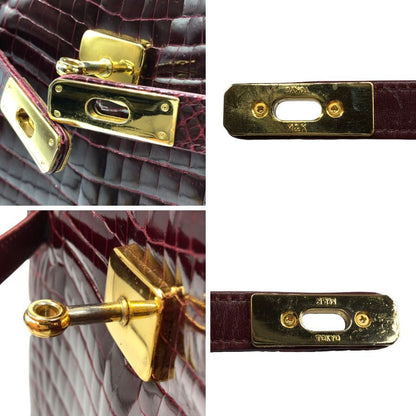 ノーブランド ショルダーバッグ クロコダイル 本革 レザー ターンロック ボルドー ゴールド金具 GENUINE CROCODILE SKIN【AFE6】