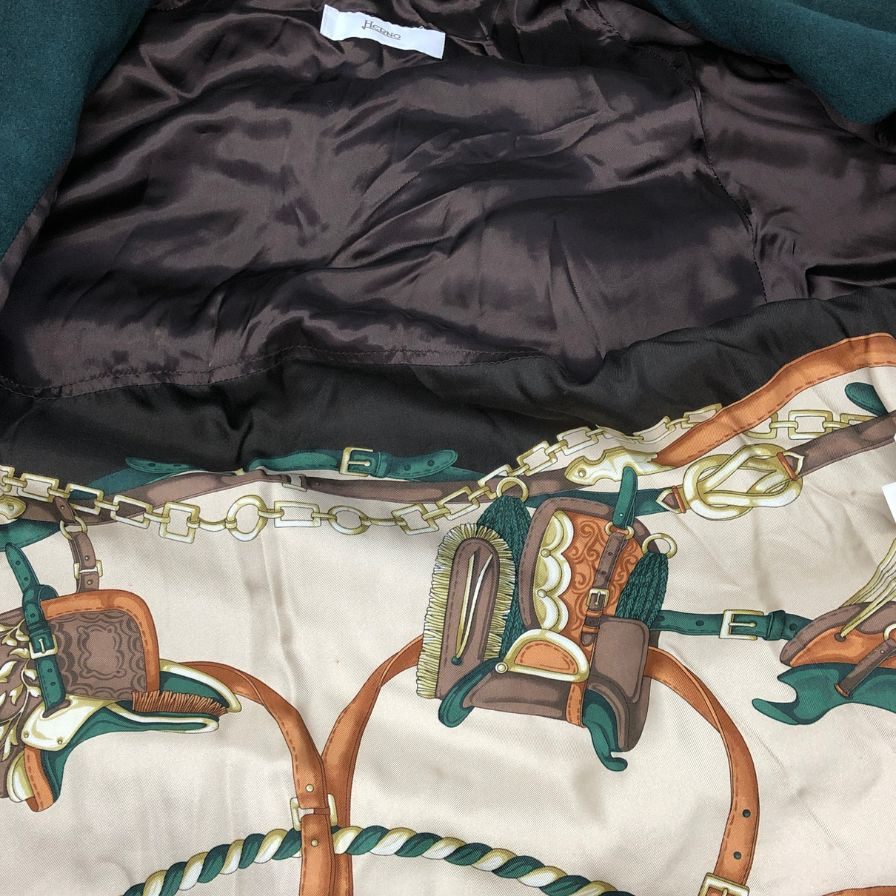 中古◆ヘルノ フード付き ウールロングコート グリーン サイズ44 レディース 裏地スカーフ柄 イタリア製 HERNO 【AFA9】